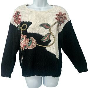 Vintage 90s Black Cream Pink Flower Applique Grandmacore Sweater size S